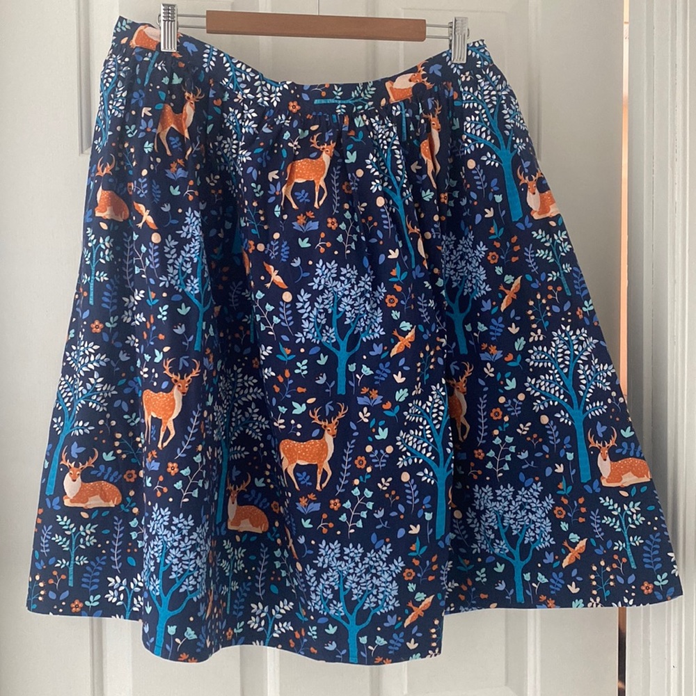 Blue A-Line Skirt with Deer Print
